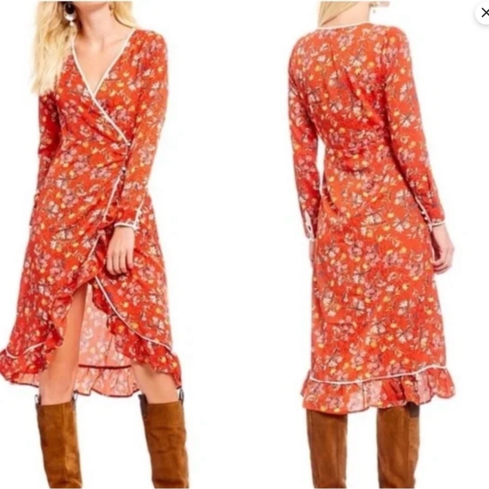 Free People Covent Garden Long Sleeve Red Midi Floral Wrap Dress Size 10